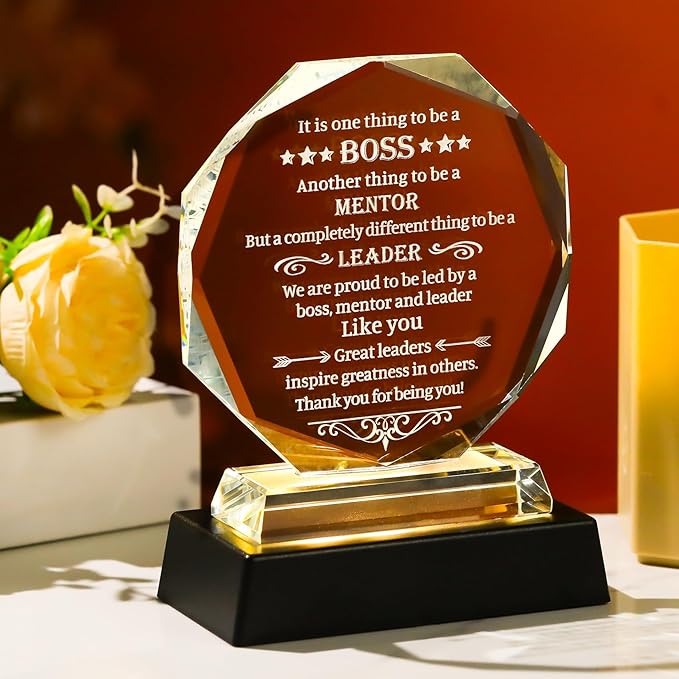 Movdyka Best Boss Gifts for Women Men Crystal Plaque Keepsakes with LED Base Boss's Day for Boss Going Away Appreciation Leaving Office Farewell for Bosses Male Him Retirement