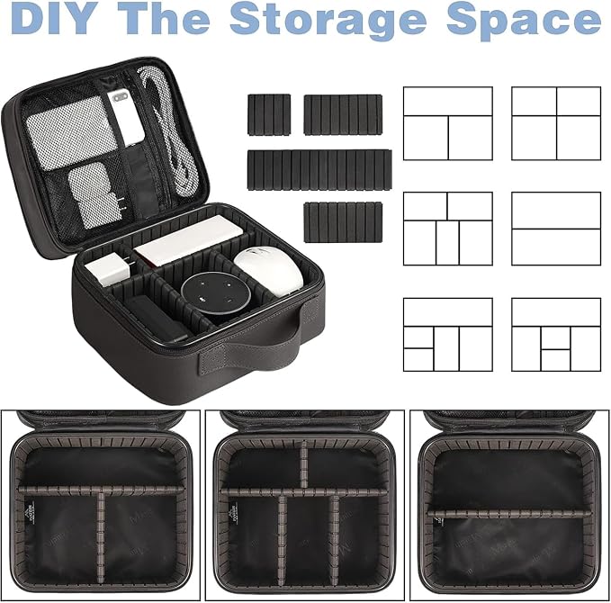 MATEIN Cord Organizer Case with Adjustable Divider, DJ Cable File Bag for Electronic Storage, USB Cable, Charger, Tech Accessories, Shockproof Portable Double Layer Cord Bags, Grey