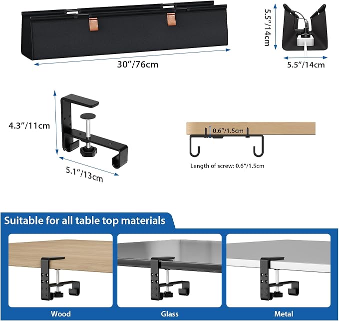 Zilink No Drill Under Desk Cable Management Tray 30" Cord Organizer for Table Clamp/Screw Mount Desk Cable Management Sturdy Waterproof Fabric Cord Hiders for Office, Home