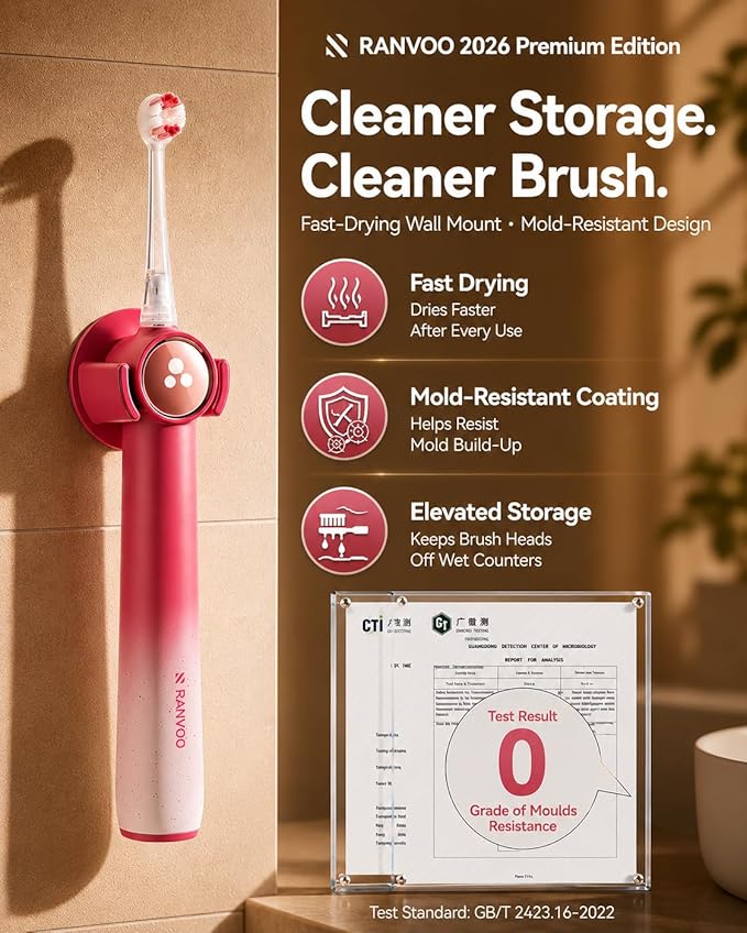 RANVOO AirJet X5 [Gift-Ready Pink Edition | Next-Gen Jet-Flow] Electric Toothbrush, 100% Plaque Removal, Whitening & Gum Care, 60-Day Battery Life, Rechargeable with 3 Pro Brush Heads, Cyclamen Pink