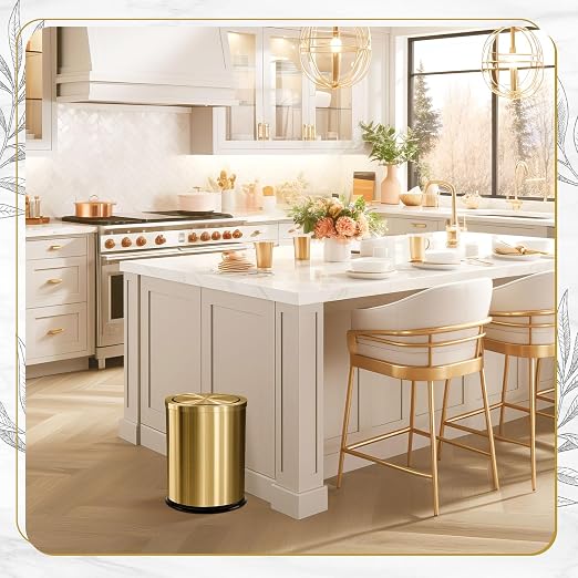 Maxdot 2 Pcs 4 Gallon/15 L Gold Bathroom Trash Can with Flip Lid and Toilet Brush Set, Large Luxury Stainless Steel Garbage Trash Can Wastebasket Bin for Home Office Hotel Bathroom Bedroom Kitchen