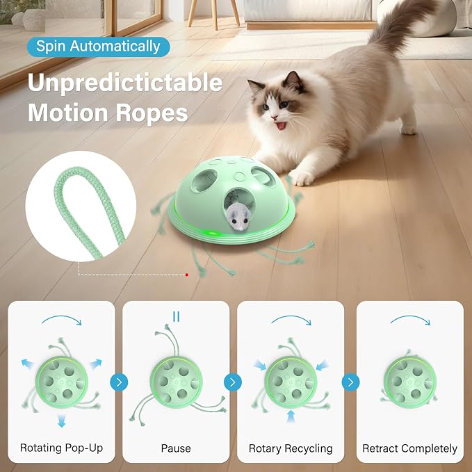 Pawingcat Automatic Cat String Toy 6 Holes Whack a Mole Cat Toy with Plush Running Cat Mouse Toy Hide and Seek Interactive Cat Toys for Indoor Cats（Green）