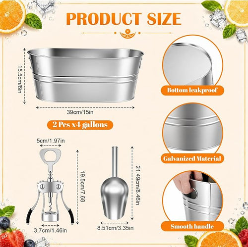 10 Pcs Ice Buckets Party Set for Mimosa Bar Wedding BBQ | Include 3 Gallon Galvanized Beverage Tub, 50oz Plastic Carafes with Lids, Ice Scoops Blackboard Sticker, Bottle Opener