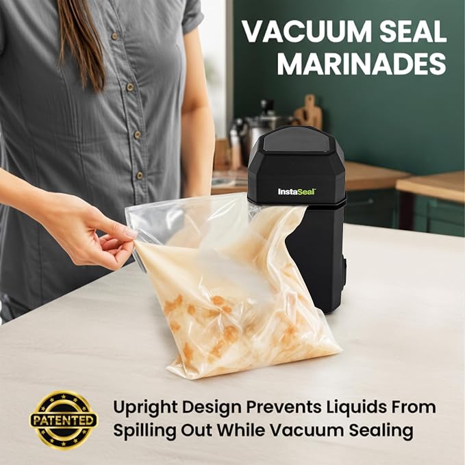 InstaSeal Vacuum Sealer for Food with 12 Bags | Preserves Foods 5x Longer, Space Saving Compact Upright Design Allows Machine to Heat Seal Marinades, Meats, Marinades