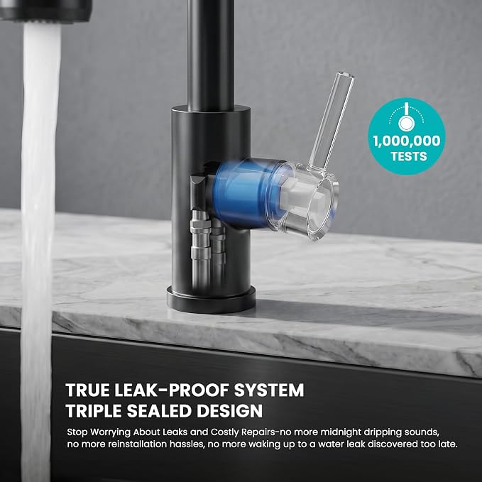 Kicimpro Matte Black Kitchen Faucet with Pull Down Sprayer, 304 Stainless Steel, 23-Inch Extended Hose Design, Three Water Functional Ways, Easy Installation | 304 Stainless Steel,10-Min DIY Install,23-Inch Pull-Down Hose,2-Function Spray,360° Swivel S...