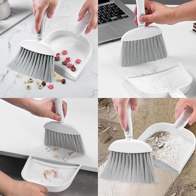 NACENA Small Dust Pan and Brush Set, Mini Broom and Dustpan Set Small Hand Broom and Brush Combo Dust Pan with Teeth for Home Cleaning Drawers Desktop Sofas and Outdoor, White & Gray