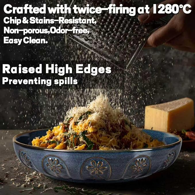 Artena Pasta Bowls, 50oz Large Salad Serving Bowls, 9.75'' Plates Bowls Set of 4, Big Ceramic Soup Bowls for Kitchen, Embossment Shallow Dinner Bowl, Microwave Dishwasher Safe, Pinwheel Flower, Blue