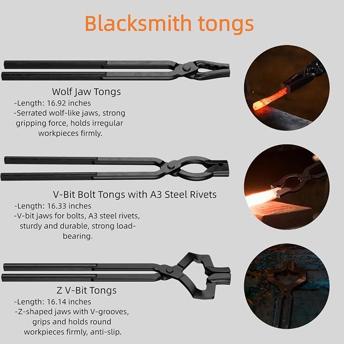 3PCS Blacksmith Tools Set - Z V-Bit & Wolf Jaw Tongs with Hammer, V-Bit Bolt, A3 Steel Rivets, High Carbon Steel Assembled Forging Kit