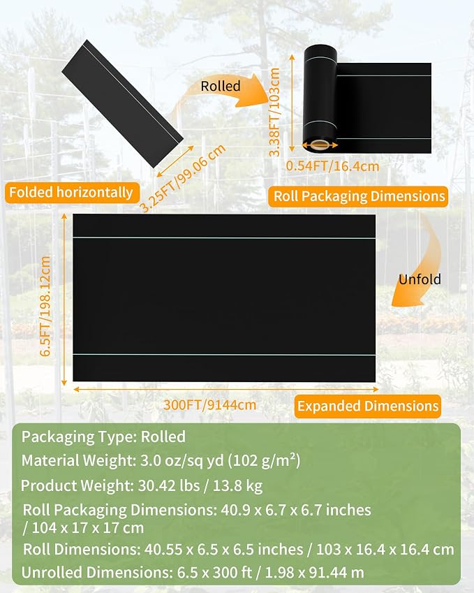 Pterying 6.5x300ft Weed Barrier Fabric, 3oz Heavy Duty for Garden Driveway | Outdoor Ground Cover for Yard, Woven Polypropylene, Blocks Weeds, for Gardens, Driveways, Under Gravel & Mulch