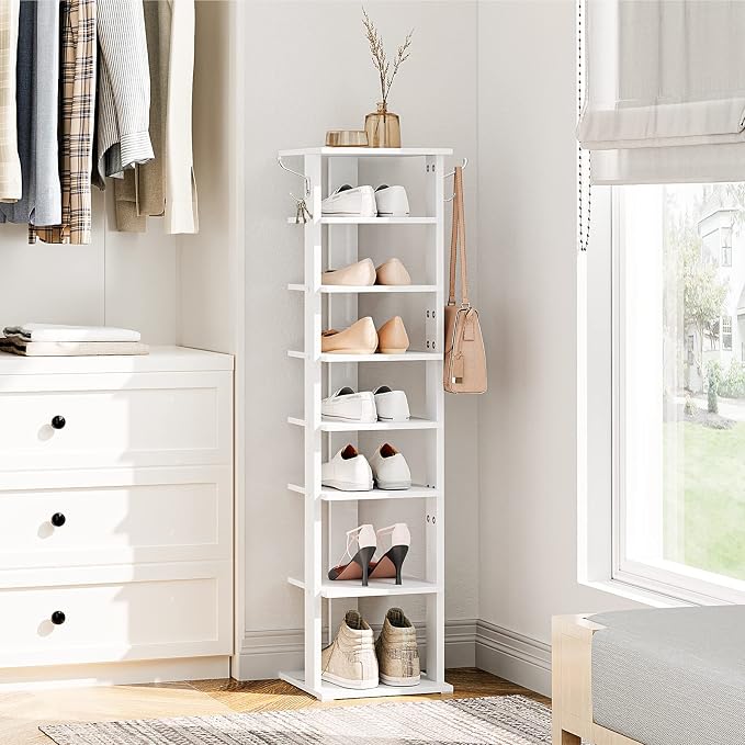 HOOBRO 8 Tiers Vertical Shoe Rack, Wooden Shoe Storage Organizer with Hooks, Narrow Shoe Tower for 8 Pairs, Space Saving, for Entryway, Living Room, Bedroom, White WT07XJ01G1