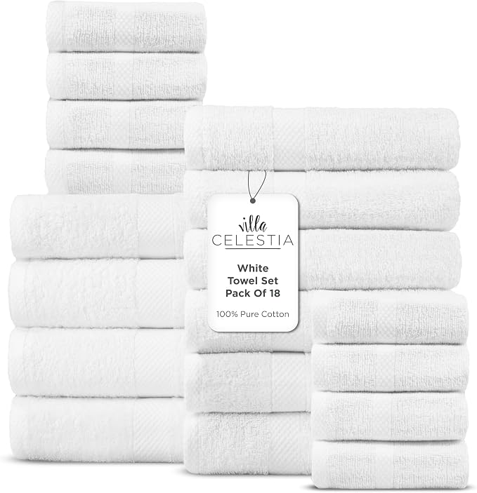 Villa Celestia 18-Piece 100% Cotton Towel Set, 4 Bath Towels, 6 Hand Towels, 8 Wash Cloth, Quick-Dry, White