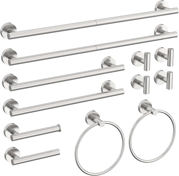 12 Pcs Brushed Nickel Bathroom Accessories Set, HOMEMYSTIQUE SUS304 Stainless Steel Bathroom Hardware Set, Bath Towel Bar Set, Toilet Paper Holders, Towel Rings Racks, Robe Towel Hooks
