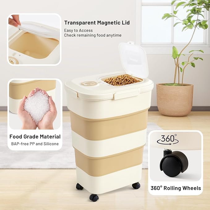 ZOMISIA 40-50lbs Dog Food Storage Container, Large Capacity Collapsible Airtight Pet Food Storage Containers with Rolling Wheels, Transparent Lid, Scoop and Date Track, Khaki