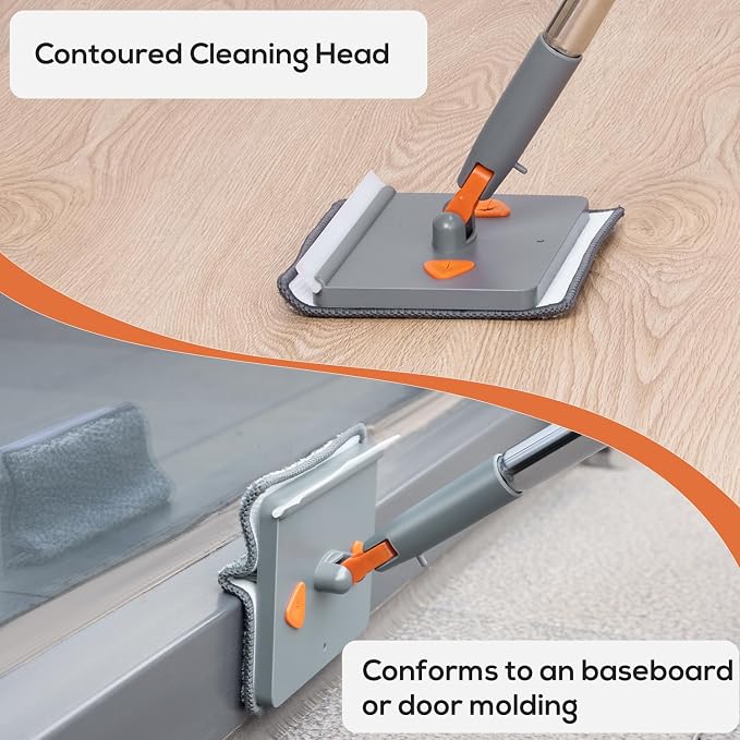 Wall & Base Board Cleaner Tool with 360°Rotating Mop Head, 180°Folding Design for Effortless Baseboards/Ceilings/Wall Cleaning - Adjustable Long Handle Multi-Surface Scrubber & Duster