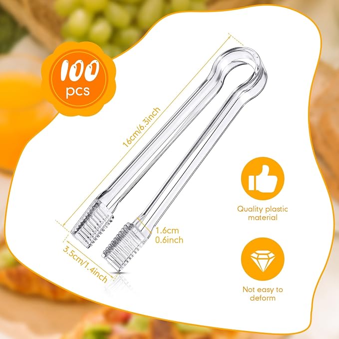Nuogo 100 Pcs Plastic Buffet Serving Tongs 6.3 Inch One-off Clear Kitchen Tongs Mini Serving Utensils for Food Ice Salad Buffet Barbecue Cookies Tea Coffee Appetizers Party Supplies