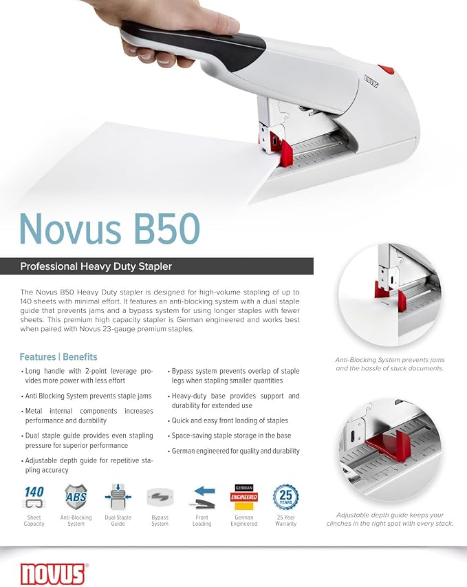 Novus B50 Heavy Duty Stapler, 140 Sheet Capacity, Anti-Jam, 3" Stapling Depth w/Adjustable Guide, Staple Bypass, German Engineered (023-0060)