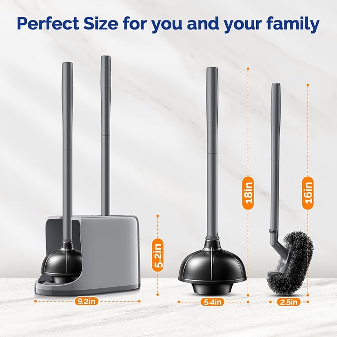 HAMITOR Toilet Plunger and Brush Set for Bathroom Cleaning with Extented Handle - Heavy Duty Toilet Plunger Combo Accessories with Caddy Stand Holder for Small Space - Gray