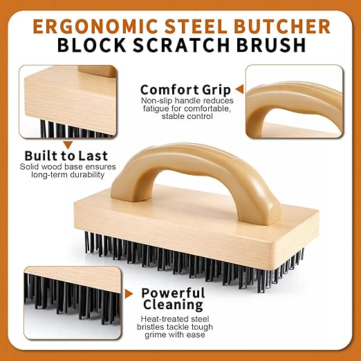 2 Pcs 9'' Ergonomic Steel Butcher Block Scratch Brush, Durable and Effective, Steel Wire Broiler Bristle Brush for Cleaning Dirt, Rust and Electroplating and Welding Operations