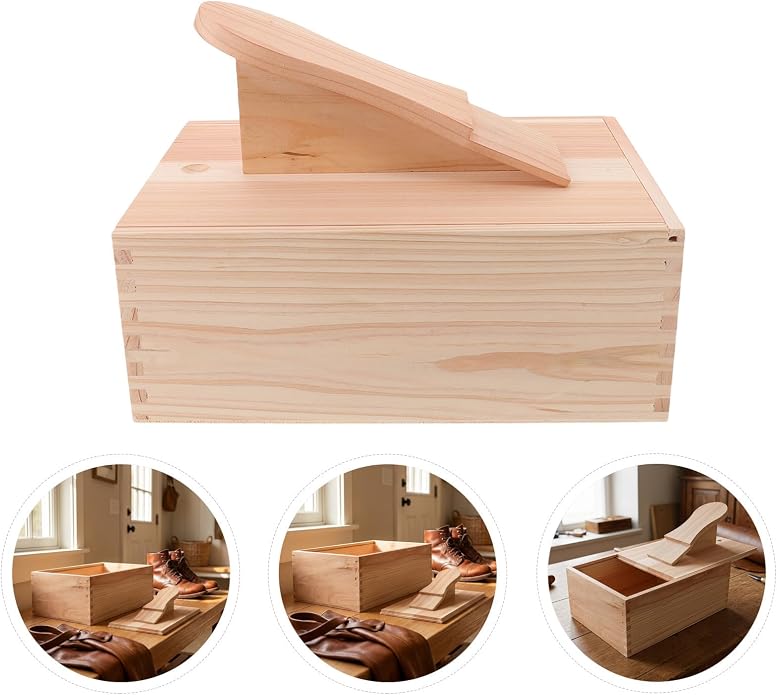 CALLARON Wooden Shoe Polish Organizer Box with Compartments and Foot Rest, Multi-tool Accommodation, Easy Cleaning Shoe Care Storage for Home and Commercial Use, 11.02x7.87x7.87in