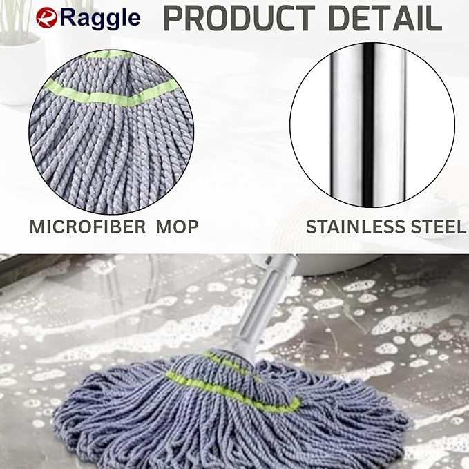 Self Wringing Floor Cleaning, Easy Squeeze Twist Mop with 44.5 Inches Long Handle Head, Heavy Duty Wet Mops for Cleaning Floors (Grey, Twist mop)