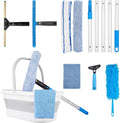 Window Cleaning Kit, Swivel Squeegee & Scrubber with Extension Poles, Foldable Bucket, Blendable Duster, 2 Scrubber Pads & Cleaning Cloth, Glass Scraper Cleaning Tool Kit for Window Glass Mirror Car