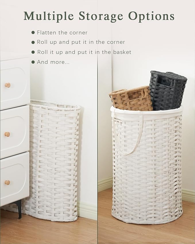 SETVSON Laundry Basket Round Rattan Laundry Hamper 29.1 Gal(110 L) Handwoven Large Wicker Basket with Handles, Wicker Hamper with Removable Bags and 2 Mesh Bags for Bathroom Living Room White(No Lid)