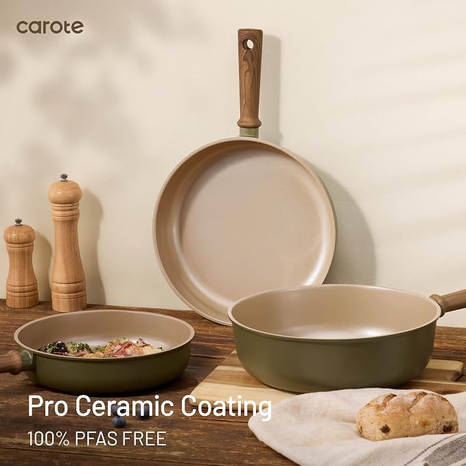 CAROTE 21pcs Ceramic Cookware Set Nonstick Pots and Pans set, Induction Cookware Set Kitchen Cooking Sets, Pot and Pan Non Stick w/Frying pan (PFAS Free), Green