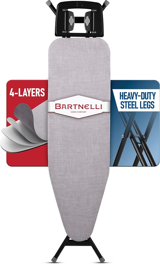 Bartnelli Extreme Stability Ironing Board 43x13 Upgraded Heavy-Duty Metal Frame & Iron Rest, Height Adjustable, Foldable, 4 Non-Skid Feet, 100% Cotton Cover, Made with Patent European Engineering