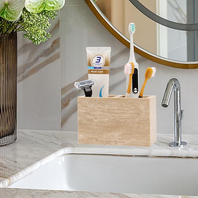 Travertine Toothbrush Holders,Natural Stone Toothbrush Holder with 2 Slots,Heavy Duty Tooth Brush Holder for Bathroom