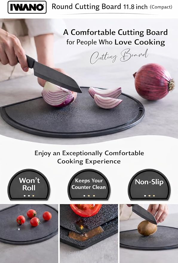 IWANO Round Cutting Board, No Leaking Grooves, Prevents Water from Spilling, Prevents Dirty Kitchen, Anti-slip, Good Visibility, Black, Cutting Board, Dishwasher-Safe, Kamaboko Shape, (black)