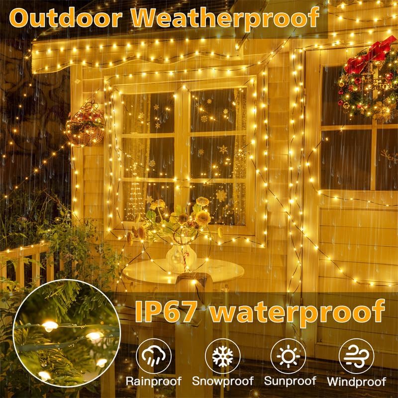 Ollny 198FT 600LED Outdoor Christmas Lights with Remote, 8 Modes Warm White