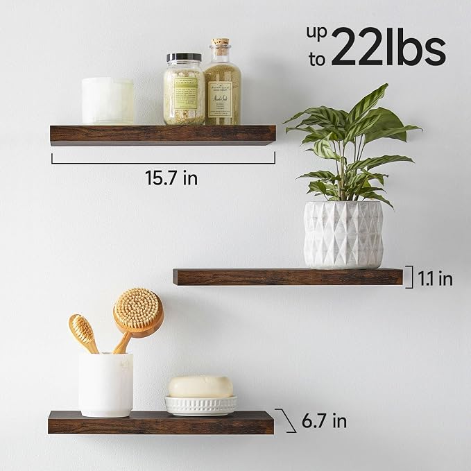 BAYKA Bathroom Floating Shelves for Wall Set of 3 - Rustic Brown Farmhouse Wood Shelves Over Toilet for Bedroom, Kitchen, or Living Room Decor Display, Storage for Plants, Toilet Paper or Bath Towels
