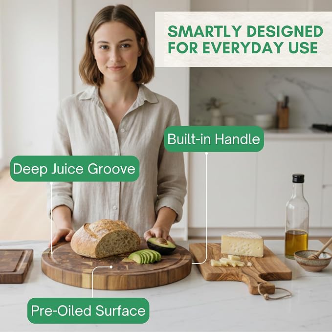 Round End Grain Acacia Wood Cutting Boards for Kitchen, 1.5 in Thick Butcher Block Construction for Stability, 12 x 12 in Round Cutting Boards with Gift Box, Juice Groove and Handle