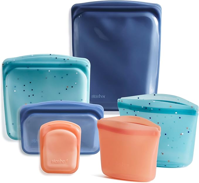 Stasher Silicone Reusable Food Storage Bags, 6-Pack Starter Kit, Reusable Freezer Bags, Microwave, Dishwasher, Oven Safe, Sous Vide, Lunch Containers, Eco Friendly, Snack Bag, Sea Spray | Food-Safe Silicone, BPA-Free, Leak-Free, Eco-Friendly, Dishwashe...
