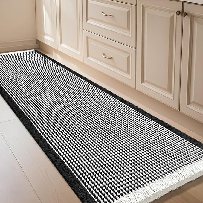 IM HOME Extra Large Waffle Bath Mat Black & Cream 6'x2'(72" x 24"), Boho Woven Modern Bath Mat Rugs, Absorbent Non Slip Bathroom Rugs, Soft Washable Bath Rugs with Tassels for Bathroom