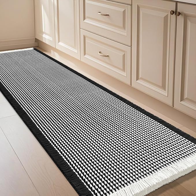 IM HOME Waffle Bath Mat Black & Cream 5'x2', Boho Woven Modern Bath Mat Rugs, Absorbent Non Slip Bathroom Rugs, Soft Washable Bath Rugs with Tassels for Bathroom, Bedroom, Kitchen, Shower, Tub
