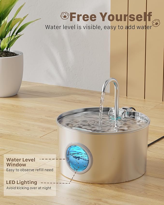 Pet Water Fountain Stainless Steel: 8 Filters + 8 Sponges Cat Water Fountains for Cats Indoor - Metal Cat Fountain Bowl - 74oz/2.2L Faucet Kitty Fountains & Led Light - Cats Pet Fountain for Drinking