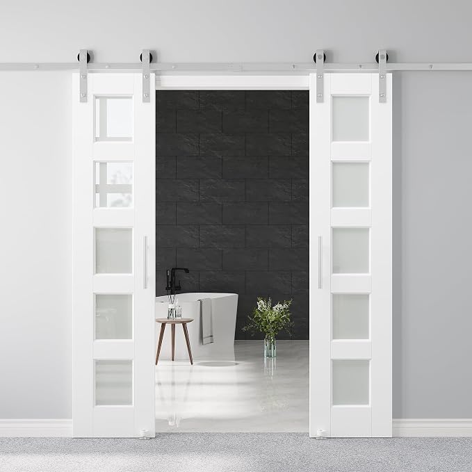 36" x 80" Pre-Assembled Double Barn Door and 12FT Track Hardware Kit Included & Handle, 5-Lites Frosted Glass Sliding Barn Doors for Closet Bathroom Bedroom, Solid & Water-Resistant MDF, Paintable