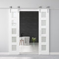 36" x 80" Pre-Assembled Double Barn Door and 12FT Track Hardware Kit Included & Handle, 5-Lites Frosted Glass Sliding Barn Doors for Closet Bathroom Bedroom, Solid & Water-Resistant MDF, Paintable