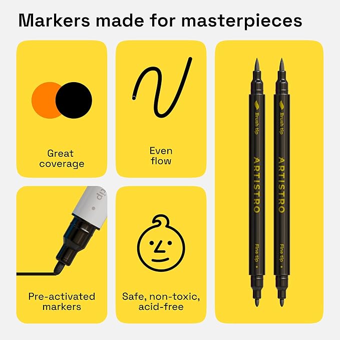 ARTISTRO 2 Black Dual-Tip Fabric Markers Decorating Kit Permanent for Cloth | Brush & Fine Tip, Acrylic Paint Pens for Sneakers, Bags, Shoes, Textiles, Canvas, Sewing, Craft, & DIY