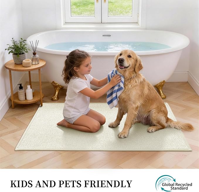 YIHOUSE Beige Bathroom Rugs Sets 4 Piece, Quick Dry Thin Bath Mat with Toilet Rug, Non Slip Absorbent Machine Washable, Bath Runner Rugs for Bathtub Sink Home Decor