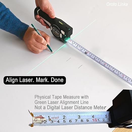 Laser Tape Measure with Upward Green Laser Line, Measure Ceiling Points Without a Ladder, Side Laser Lines for Picture Hanging, Auto-Lock Retractable 16ft/5m Metric + Imperial,Battery Not Included