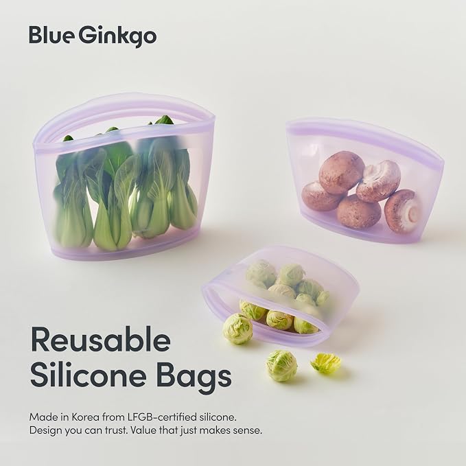 Blue Ginkgo Reusable Silicone Storage Bags – 3-Pack | Korean-Made Stand Up Food, Freezer Bags - Lavender