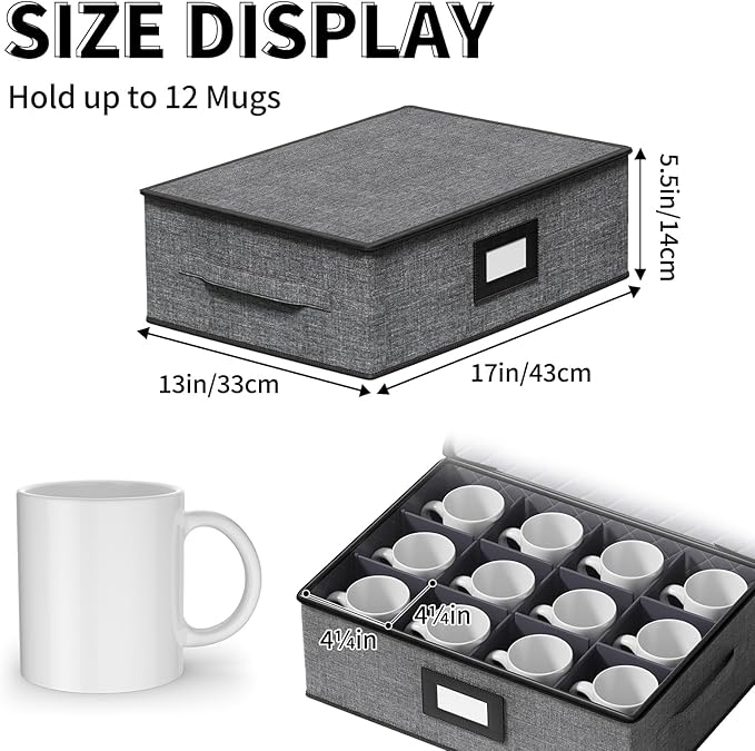 2-Pack Cup Storage Box with Dividers, Hard Shell Mug Organizer with Lid | Holds 24 Mugs, Teacups & Glasses, Quilted, Dual Zippers, Reinforced Handles, Stackable, Moving and Seasonal Storage, Grey
