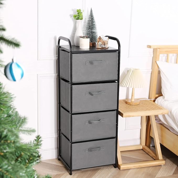 MAX Houser 4 Drawer Fabric Dresser Tall Storage Tower, Dresser Chest with Wood Top, Vertical Nightstand Side Organizer Unit with Metal Frame for Closets Bedroom Nursery Room Hallway(Leaden) | , Dresser Chest with Wood Top, Vertical Nightstand Side Orga...