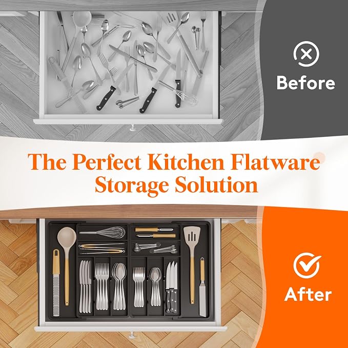 Lifewit Silverware Drawer Organizer, Expandable BPA Free Plastic Utensil Tray for Kitchen, Adjustable Flatware Cutlery Holder for Spoons Forks Knives, 18- 28 x 16.7", Black