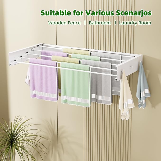 Wall Mounted Drying Rack for Laundry 40'', Folding Drying Rack Clothing Wall Mount with 5 Rods and 6 Hooks, Space Saving for Indoor Outdoor Bathroom Balcony (White, 40'')