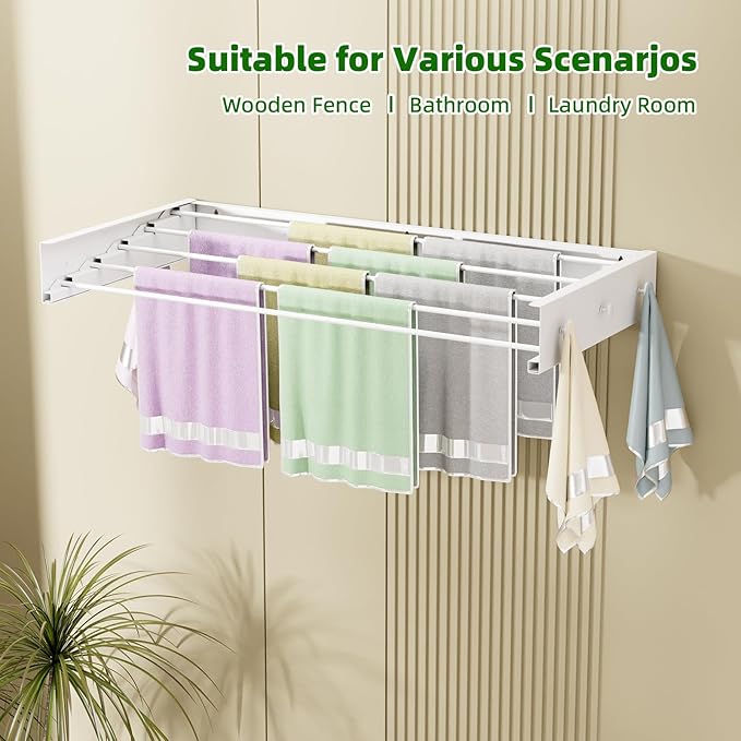 BAKON Wall Mounted Drying Rack 32'', Hidden Clothes Drying Rack for Indoor | Space Saving for Balcony Laundry Room Small Space, 60lbs Capacity, 6 Towel Hooks and 5 Rods, Invisible,Heavy Duty Metal