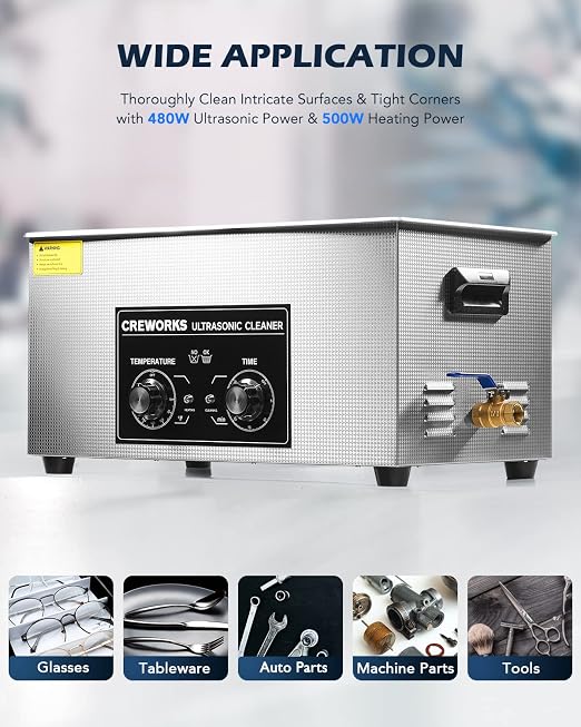 CREWORKS Ultrasonic Cleaner with Heater and Timer, 480W 22L Professional Ultrasonic Cleaning Machine, 5.8 gal Stainless Steel Cleaner with Knobs for Tool Jewelry Watch Glasses and More