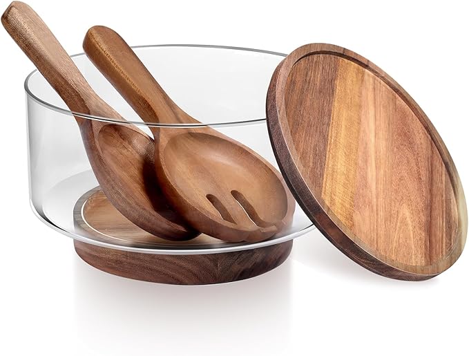 Large Glass Salad Bowls Set | Party Glass Mixing Bowl with Acacia Wood Lid Base and Serving Utensil | Elegant and Practical Serving Bowl for Kitchen